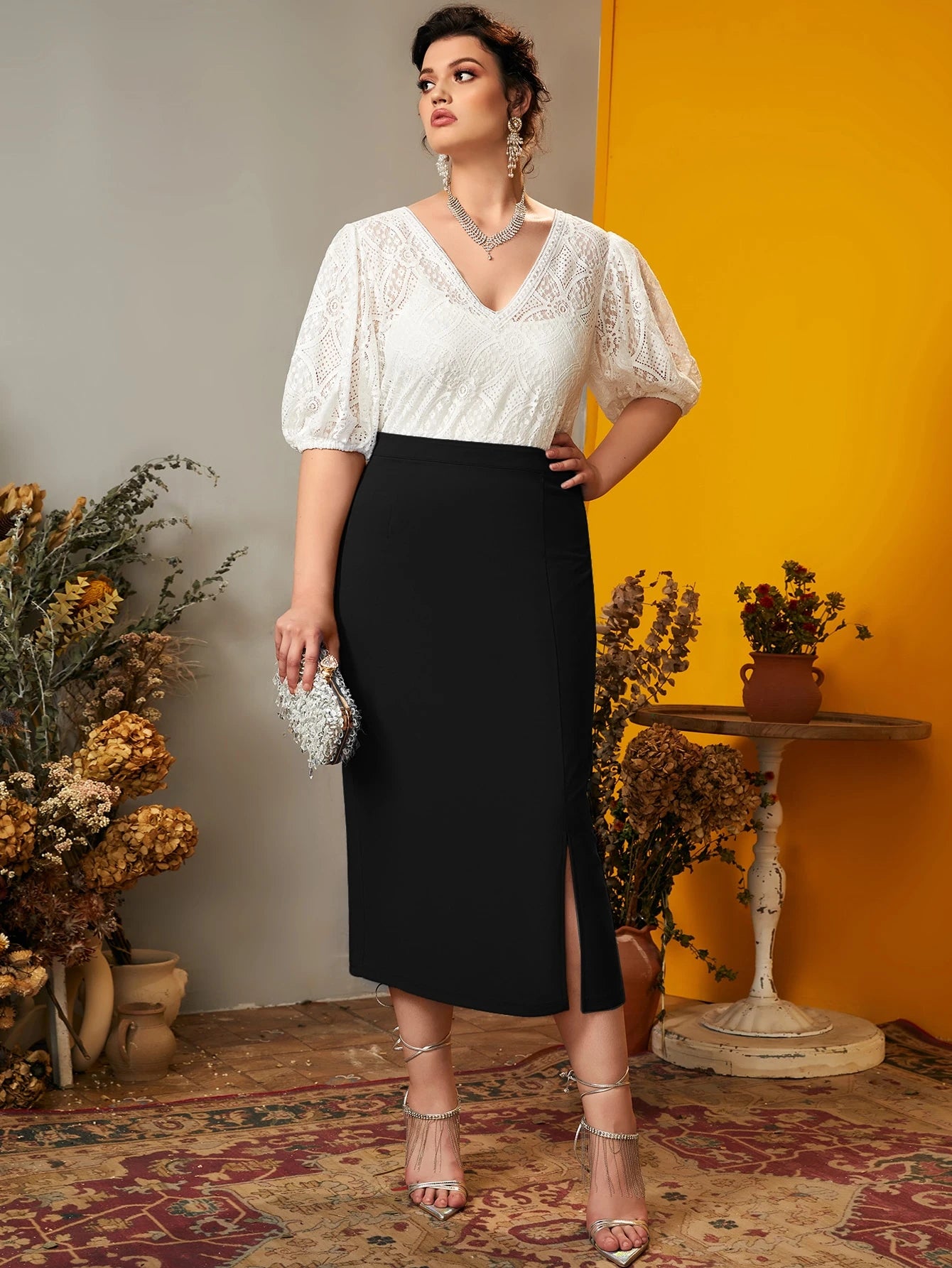 Saia Plus Size Midi Social com Fenda