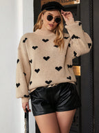 Suéter Plus Size Feminino Tricô Ombro Caído com Estampa de Coração