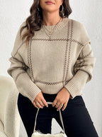 Suéter Feminino de Tricô Xadrez Gola Redonda Plus Size
