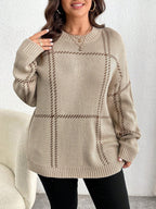 Suéter Feminino de Tricô Xadrez Gola Redonda Plus Size