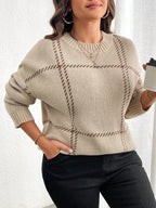 Suéter Feminino de Tricô Xadrez Gola Redonda Plus Size