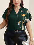 Blusa Plus Size Manga Curta Estampa Floral com Decote V