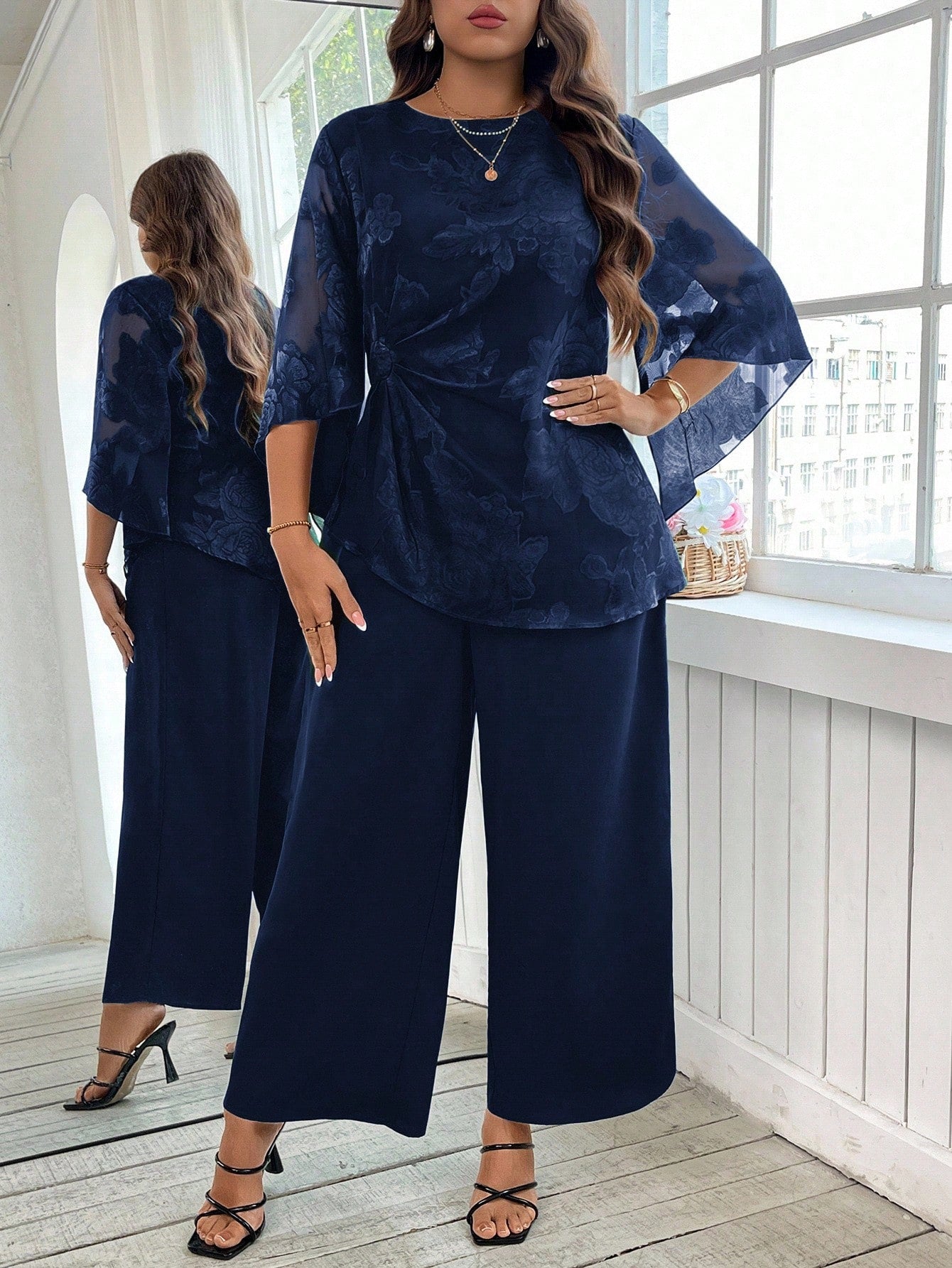 Conjunto Elegante Plus Size Feminino Calça e Blusa Meia Manga