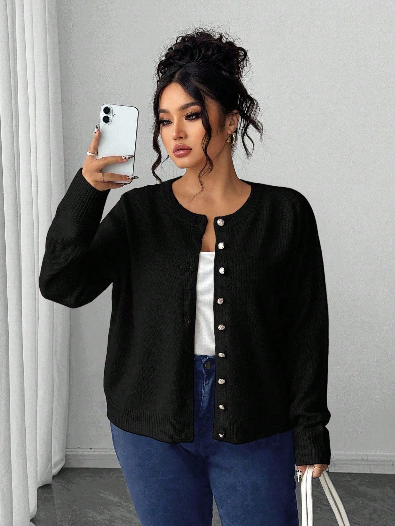 Casaco Cardigan Plus Size Feminino com Botão Vintage