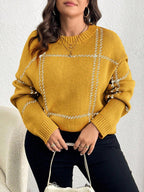 Suéter Feminino de Tricô Xadrez Gola Redonda Plus Size