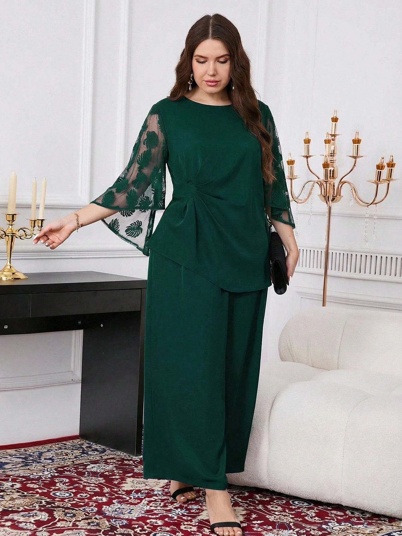Conjunto Elegante Plus Size Feminino Calça e Blusa Meia Manga