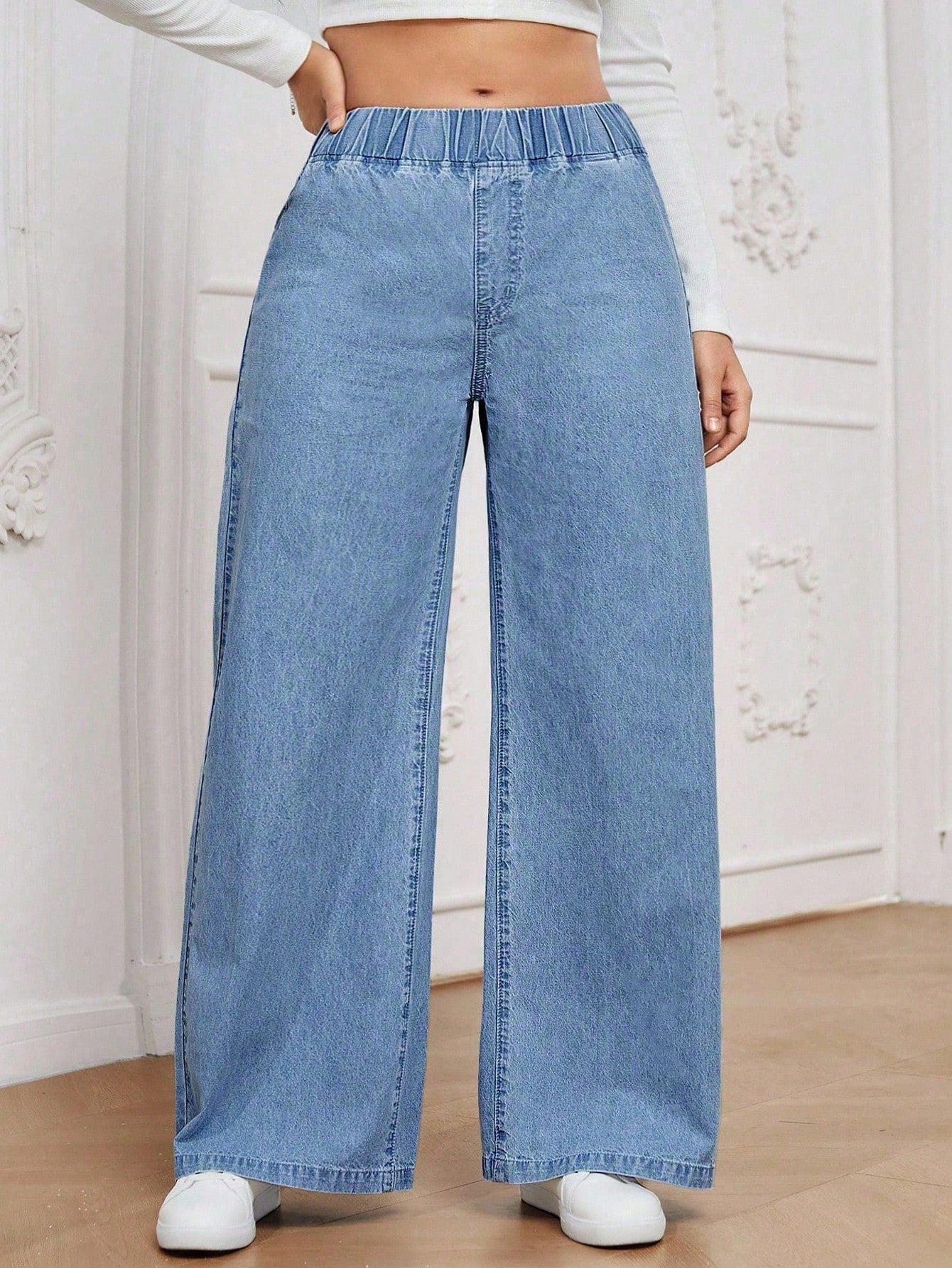 Calça Jeans Pantalona Plus Size Feminina com Cintura Elástica
