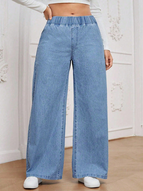 Calça Jeans Pantalona Plus Size Feminina com Cintura Elástica