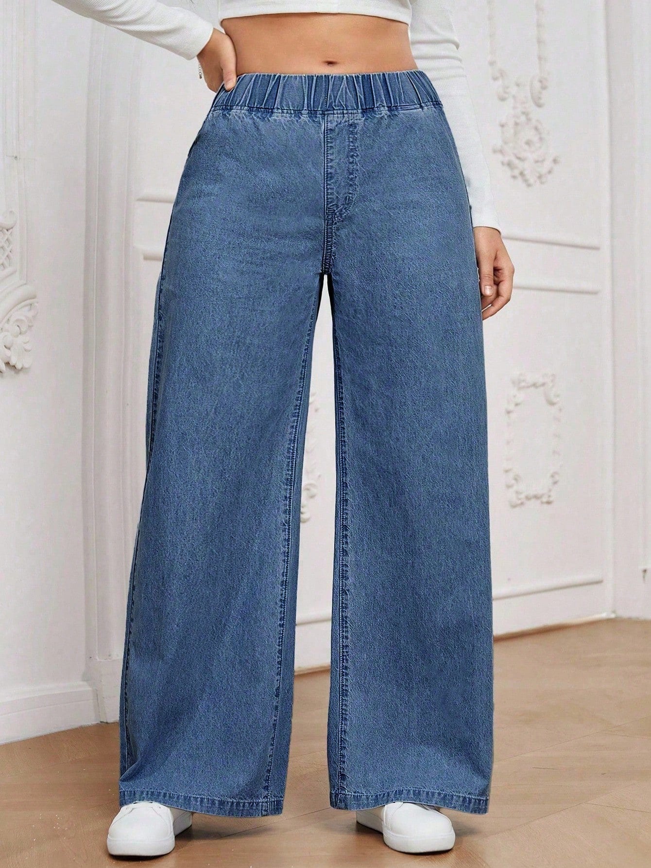 Calça Jeans Pantalona Plus Size Feminina com Cintura Elástica
