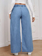 Calça Jeans Pantalona Plus Size Feminina com Cintura Elástica