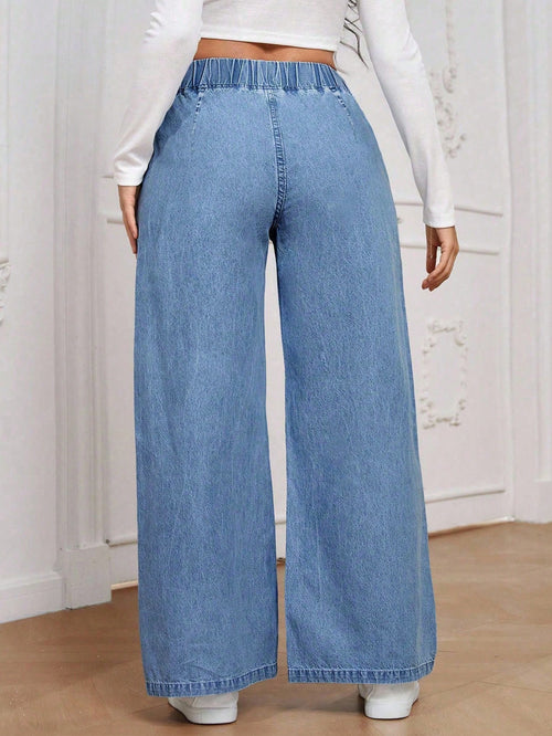 Calça Jeans Pantalona Plus Size Feminina com Cintura Elástica