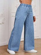 Calça Jeans Pantalona Plus Size Feminina com Cintura Elástica