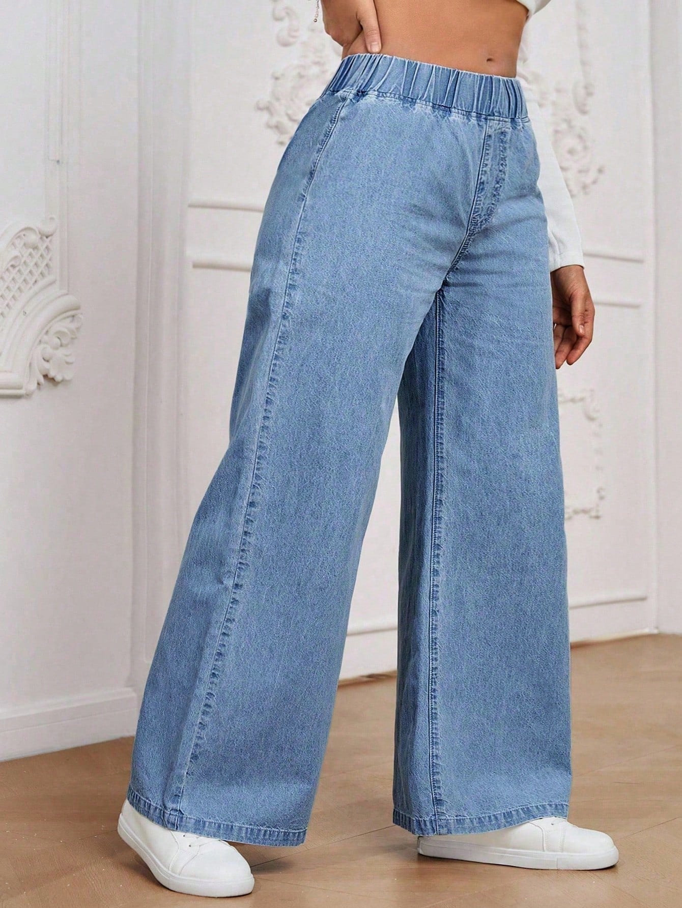 Calça Jeans Pantalona Plus Size Feminina com Cintura Elástica