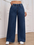Calça Jeans Pantalona Plus Size Feminina com Cintura Elástica