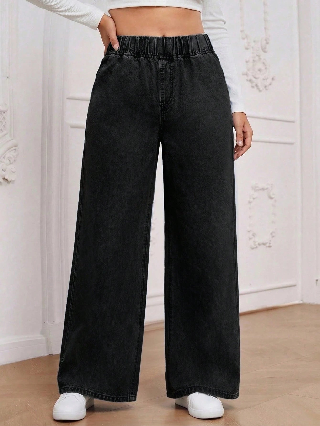 Calça Jeans Pantalona Plus Size Feminina com Cintura Elástica
