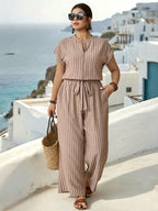 Macacão Plus Size Feminino Listrado Casual 