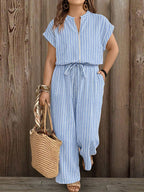 Macacão Plus Size Feminino Listrado Casual 