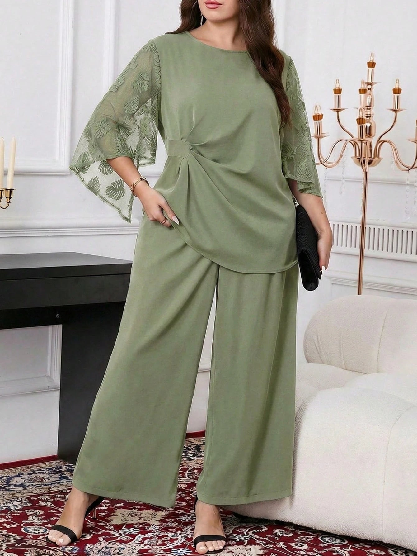 Conjunto Elegante Plus Size Feminino Calça e Blusa Meia Manga