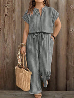 Macacão Plus Size Feminino Listrado Casual 