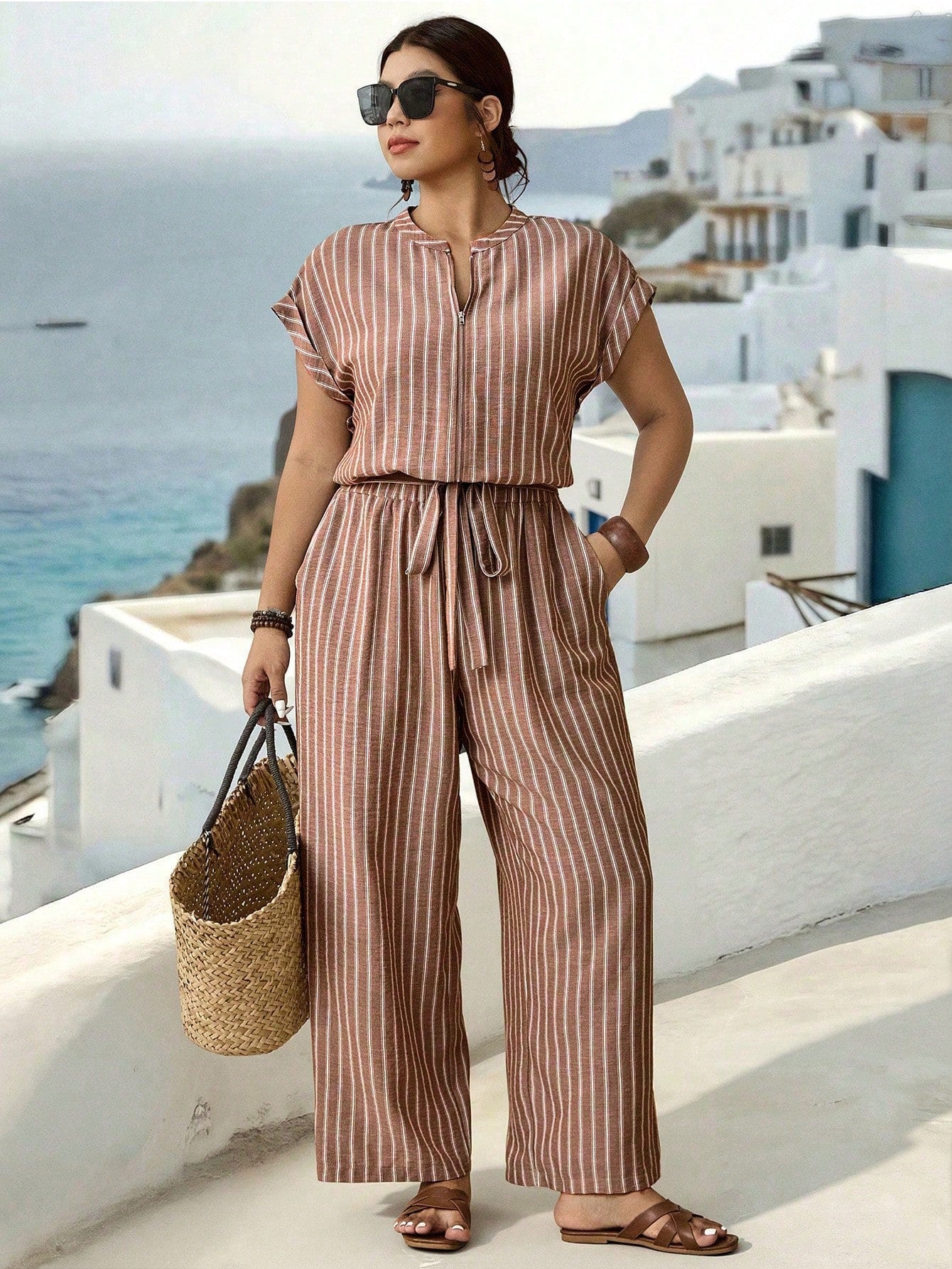 Macacão Plus Size Feminino Listrado Casual 