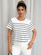 Blusa Plus Size Listrada Manga Curta Elegante