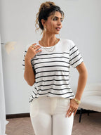 Blusa Plus Size Listrada Manga Curta Elegante