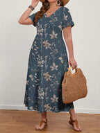 Vestido Plus Size Longo Floral Decote V