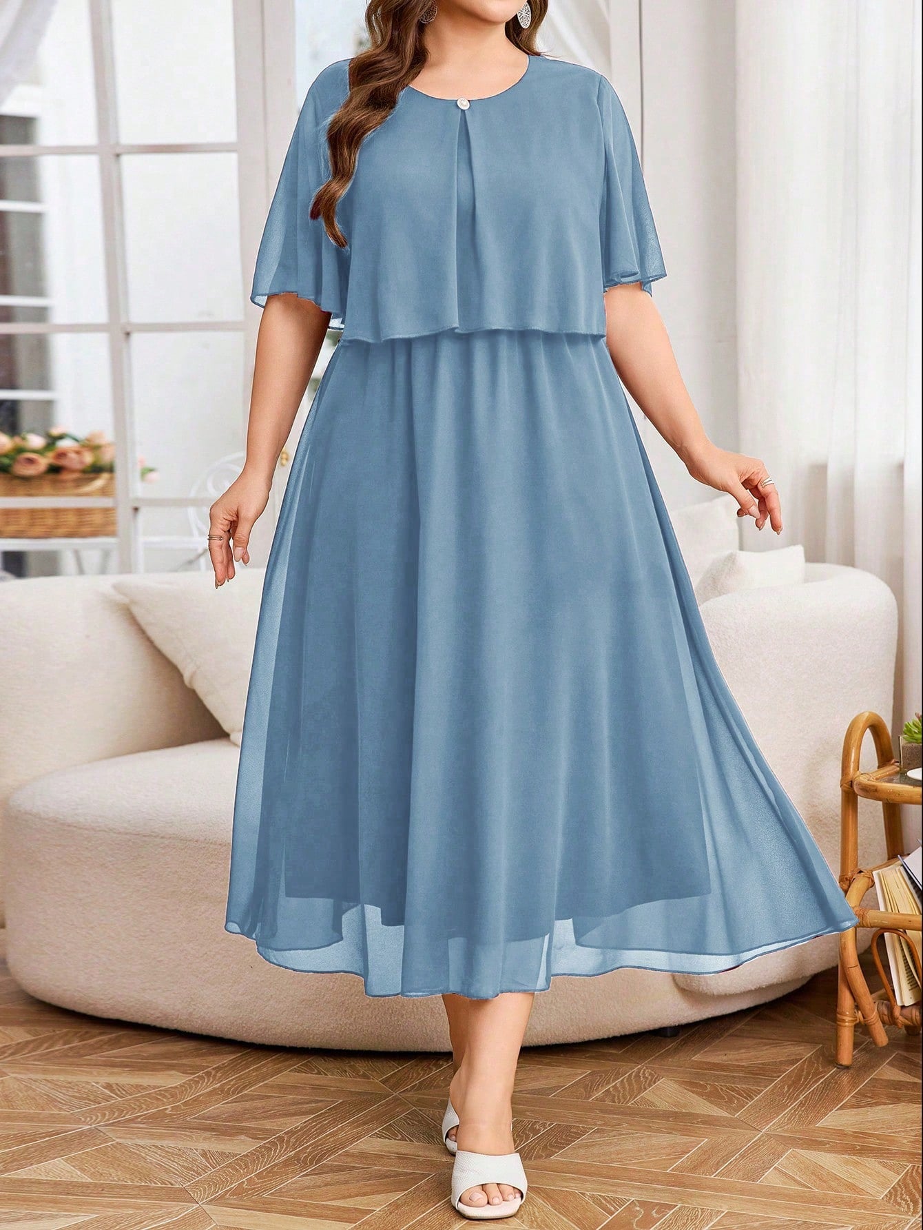 Vestido Plus Size Midi Festa Chiffon Elegante