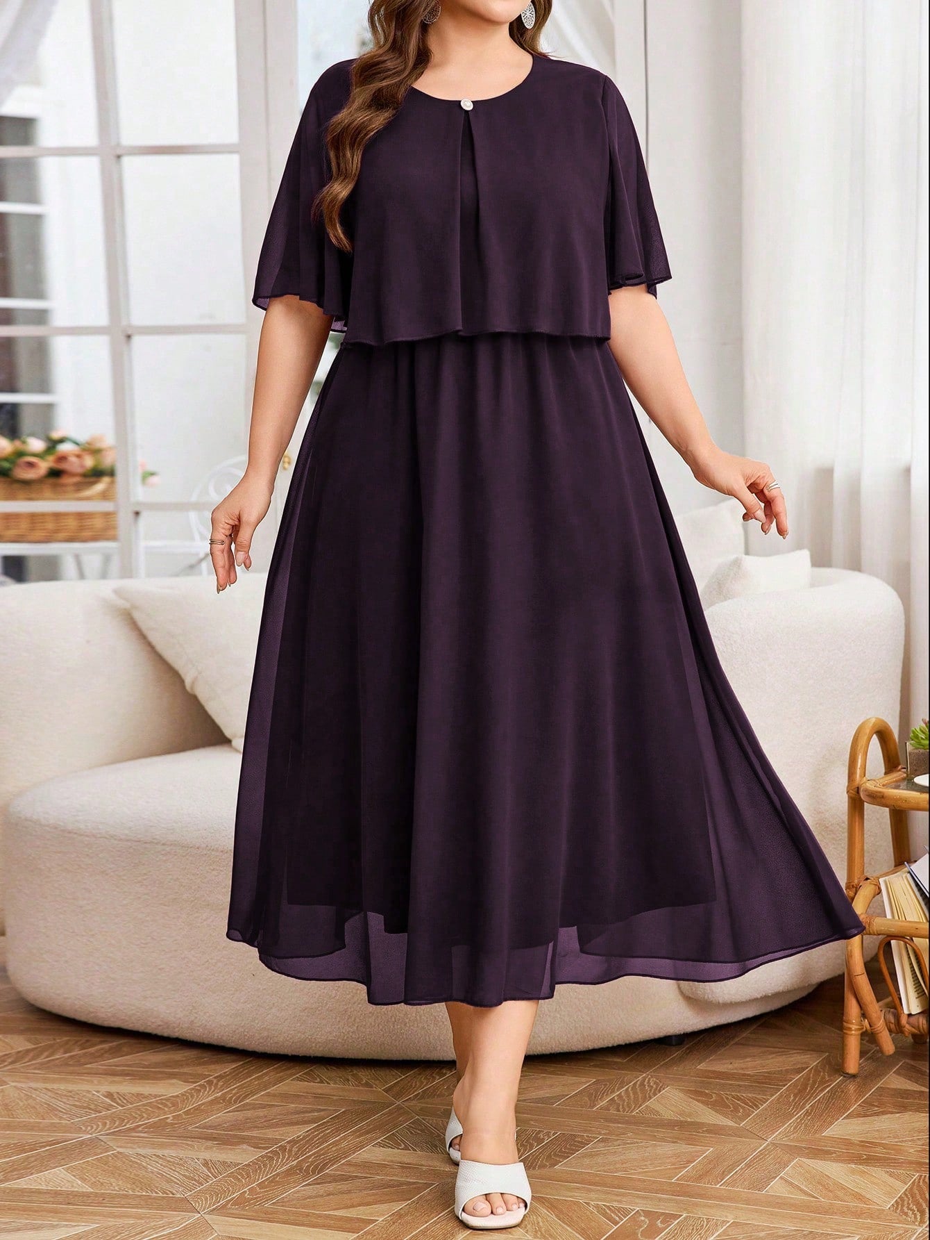 Vestido Plus Size Midi Festa Chiffon Elegante