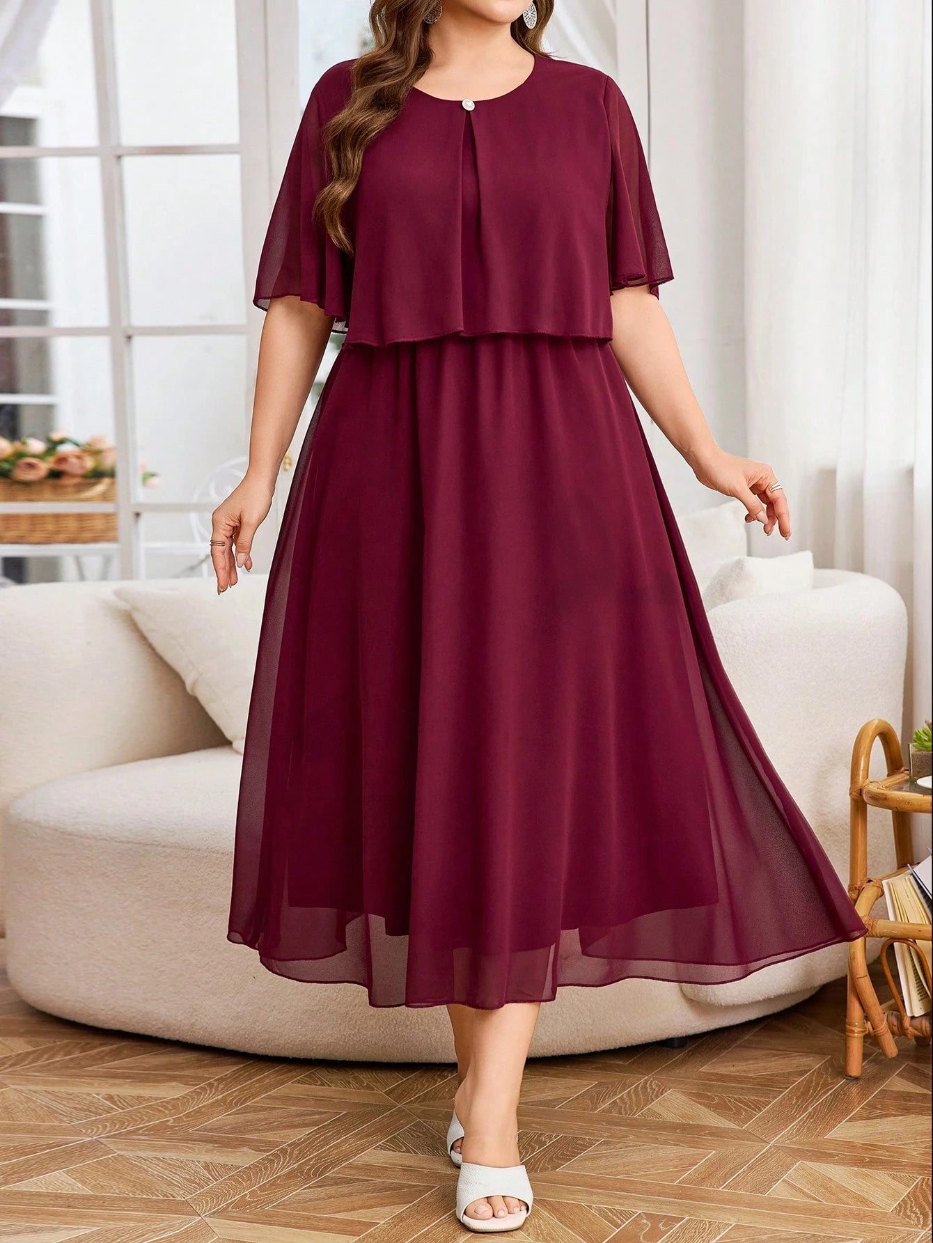 Vestido Plus Size Midi Festa Chiffon Elegante